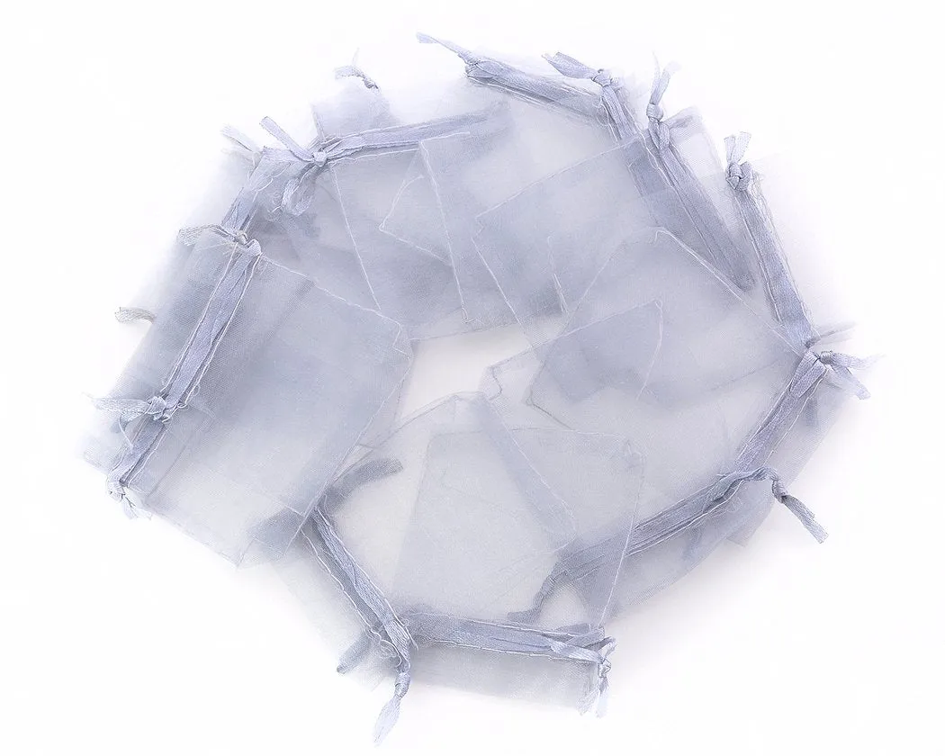 100 Pcs 7 cm x 9 cm Organza Drawstring Pouches - Silver