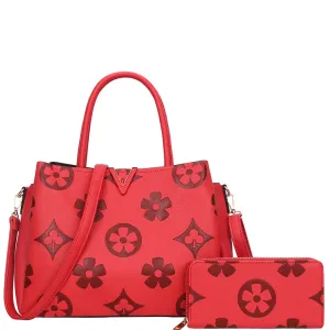 2-in-1 Red Floral Print Satchel Bag with Wallet Set