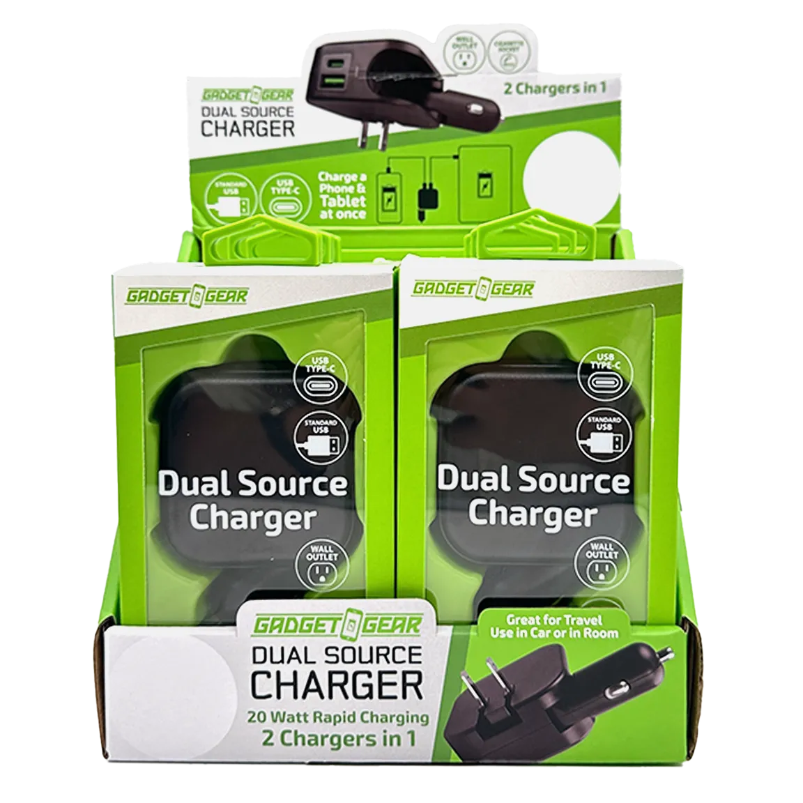 Car Charger and Wall Charger Combo Dual Port USB / USB-C 3.1 Amp - 6 Pieces Per Retail Ready Display 23764