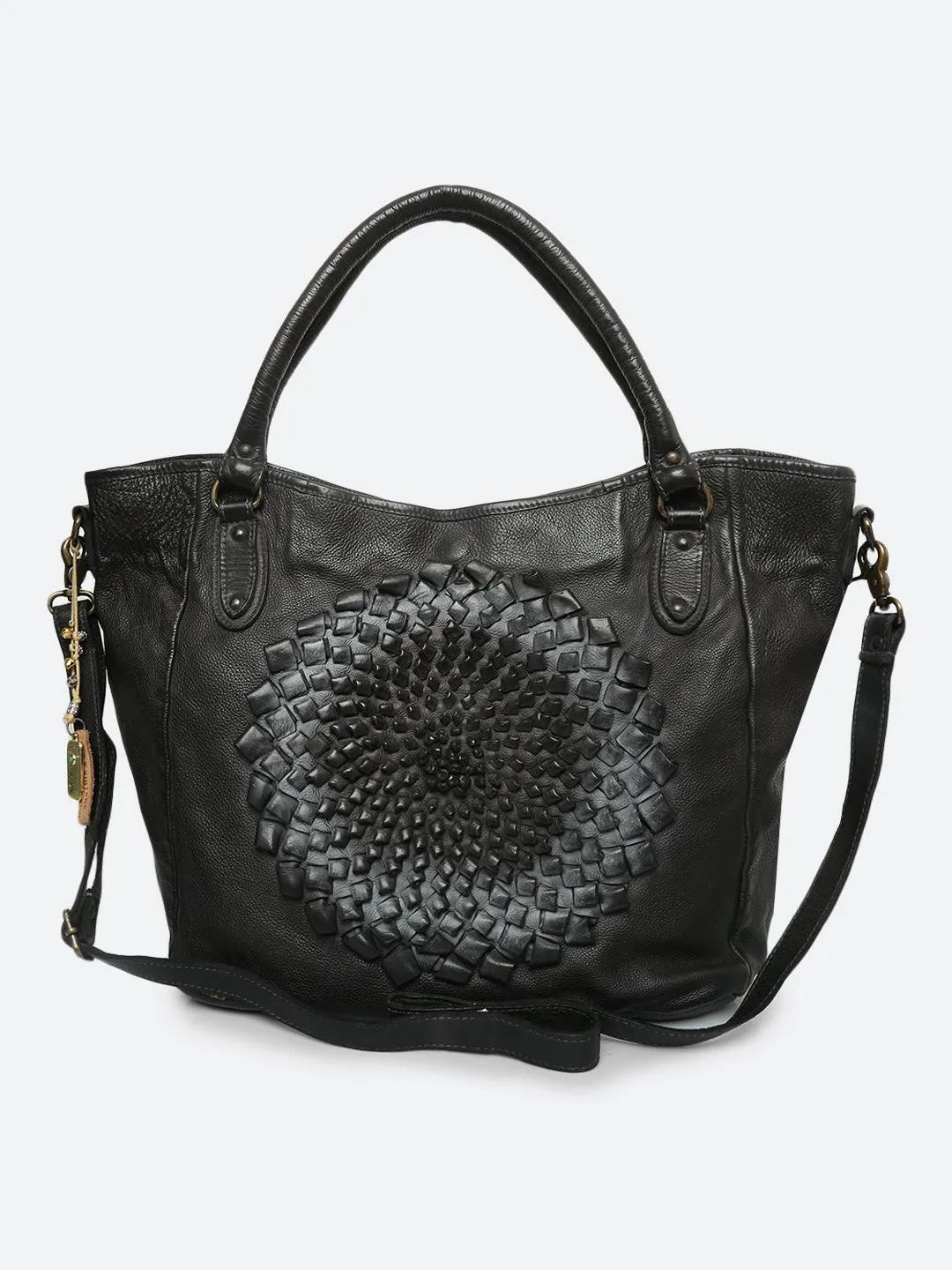 Genuine Black Leather Tote Bag With 3D Flower