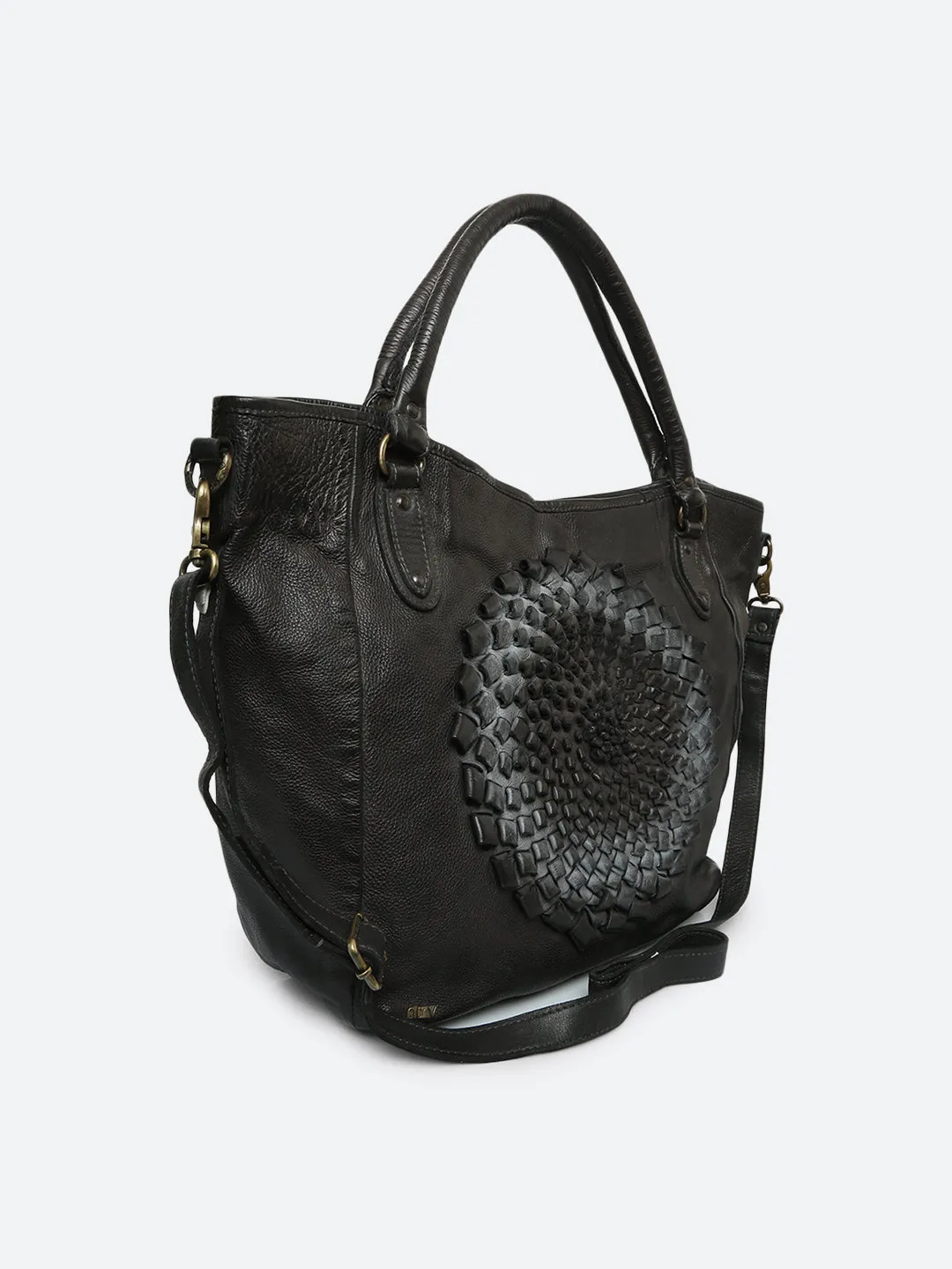 Genuine Black Leather Tote Bag With 3D Flower