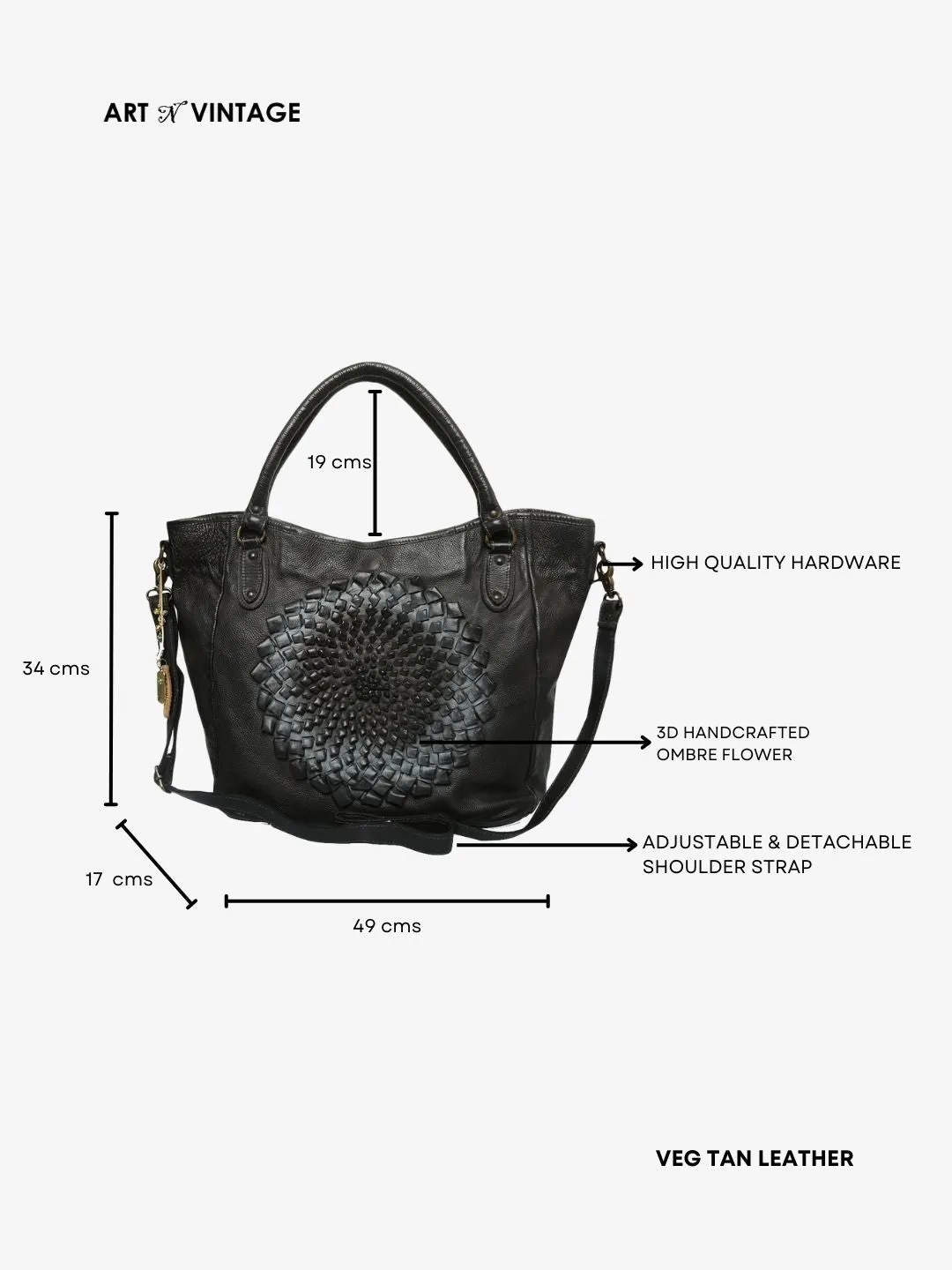 Genuine Black Leather Tote Bag With 3D Flower