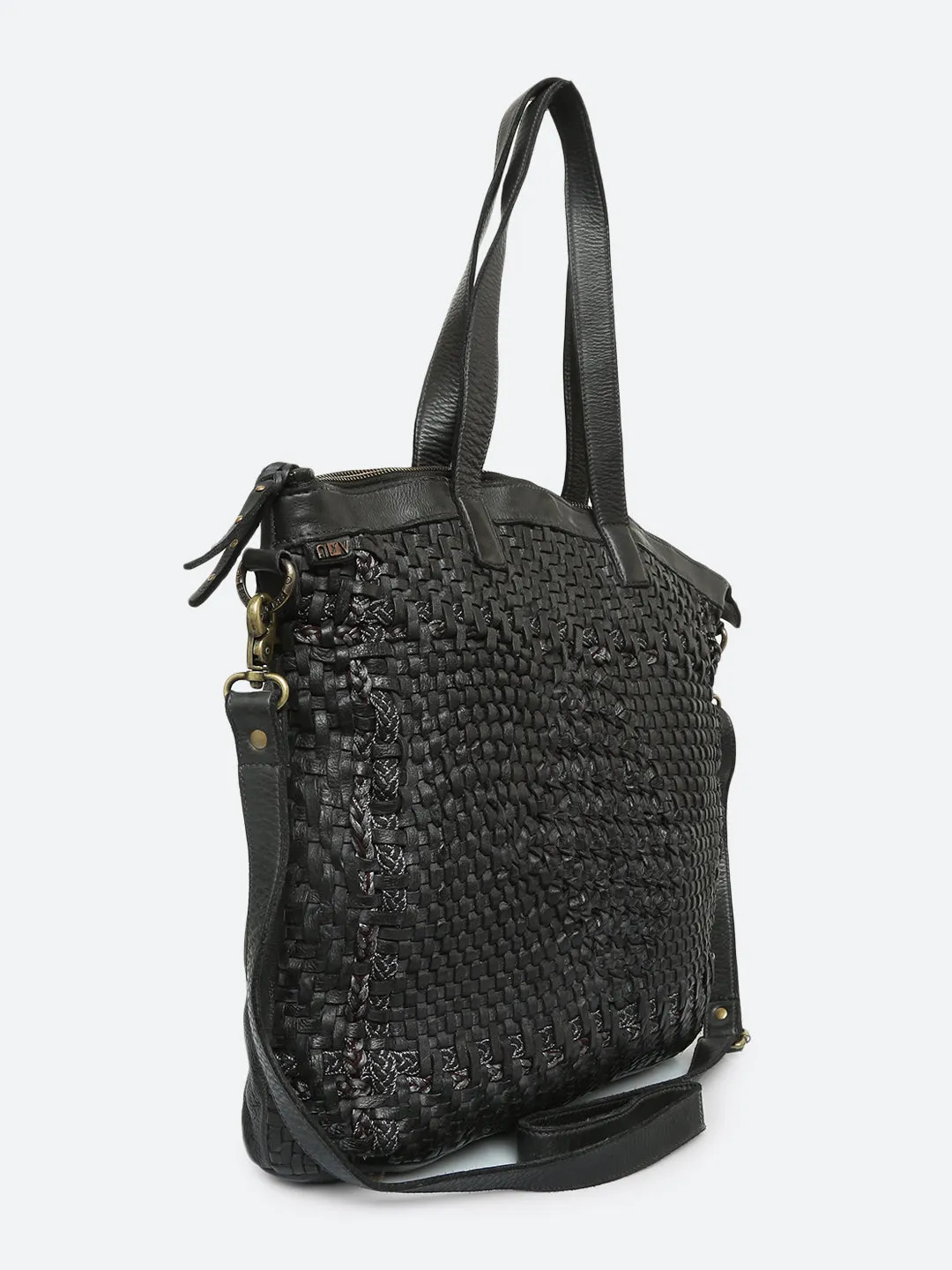 Krishi: Cognac Woven Tote Shopper Bag In Black Leather