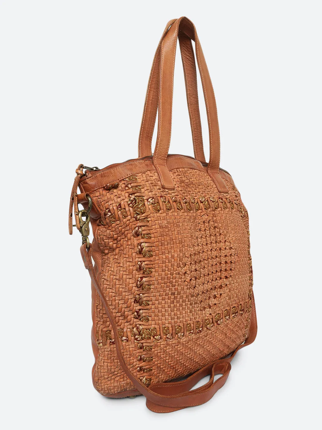 Krishi: Cognac Woven Tote Shopper Bag In Black Leather