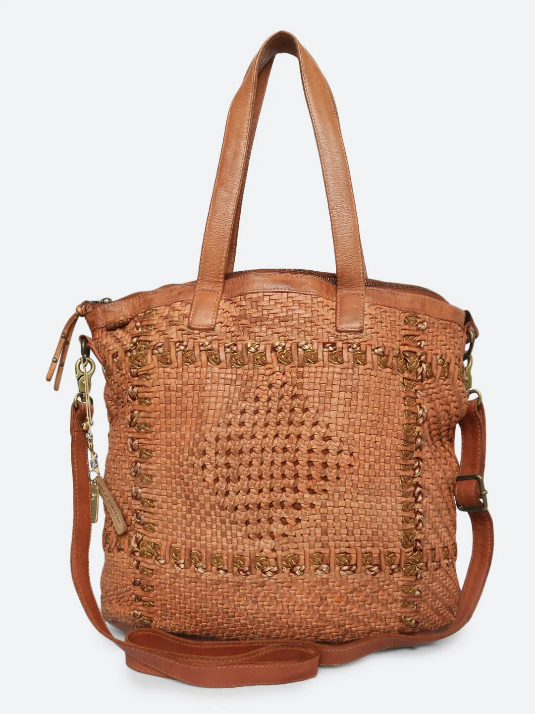 Krishi: Cognac Woven Tote Shopper Bag In Black Leather