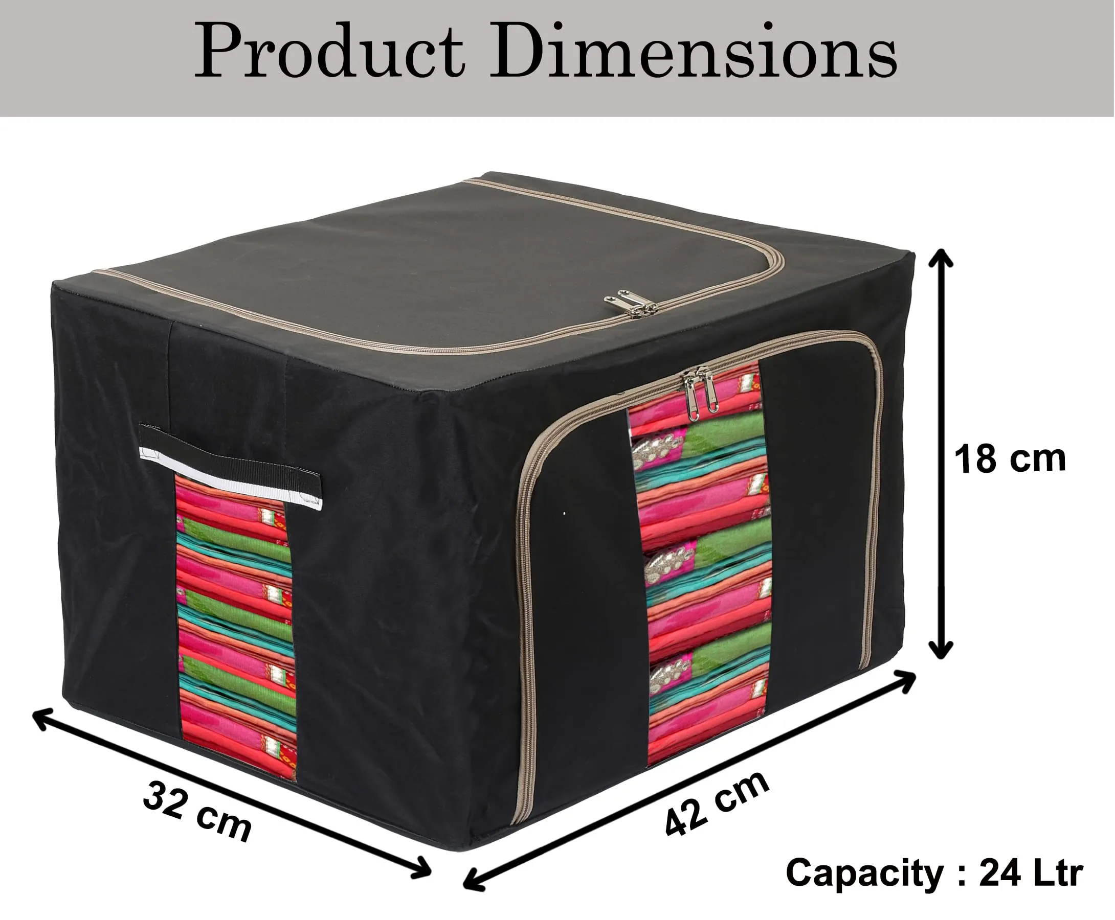 Kuber Industries Steel Frame Living Box, Closet Organizer|Cloth Storage Boxes for Wardrobe With Clear Window, 24Ltr. (Black & Grey)-44KM0290, Fabric