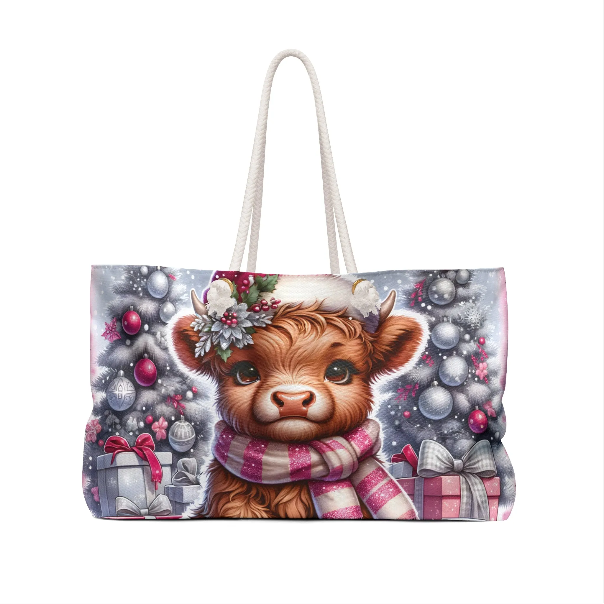 Personalised/Non-Personalised Weekender Bag, Christmas, Highland Cow, Large Weekender Bag, Beach Bag, Book Bag