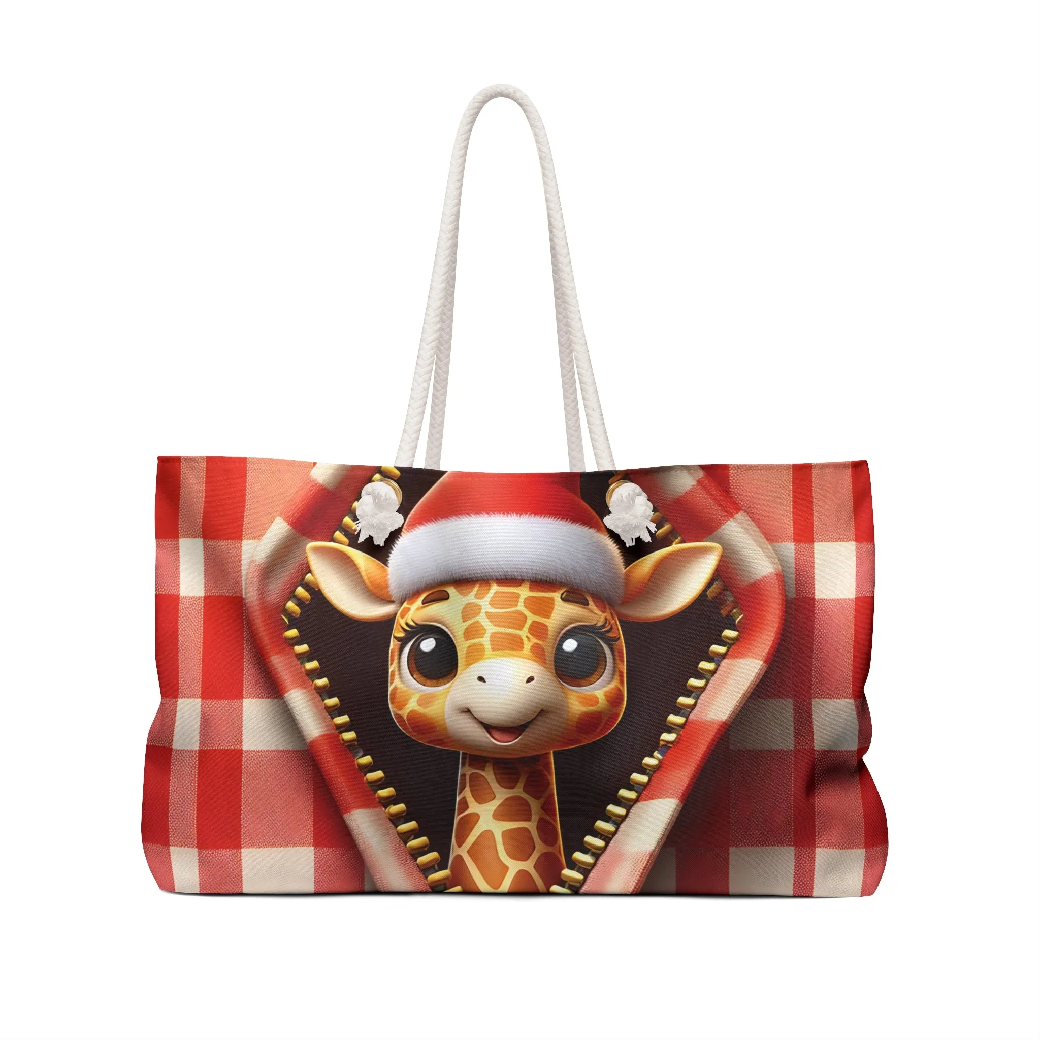 Personalised/Non-Personalised Weekender Bag, Cute Giraffe, Christmas, Tartan, Large Weekender Bag, Beach Bag, Book Bag