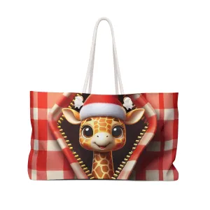 Personalised/Non-Personalised Weekender Bag, Cute Giraffe, Christmas, Tartan, Large Weekender Bag, Beach Bag, Book Bag