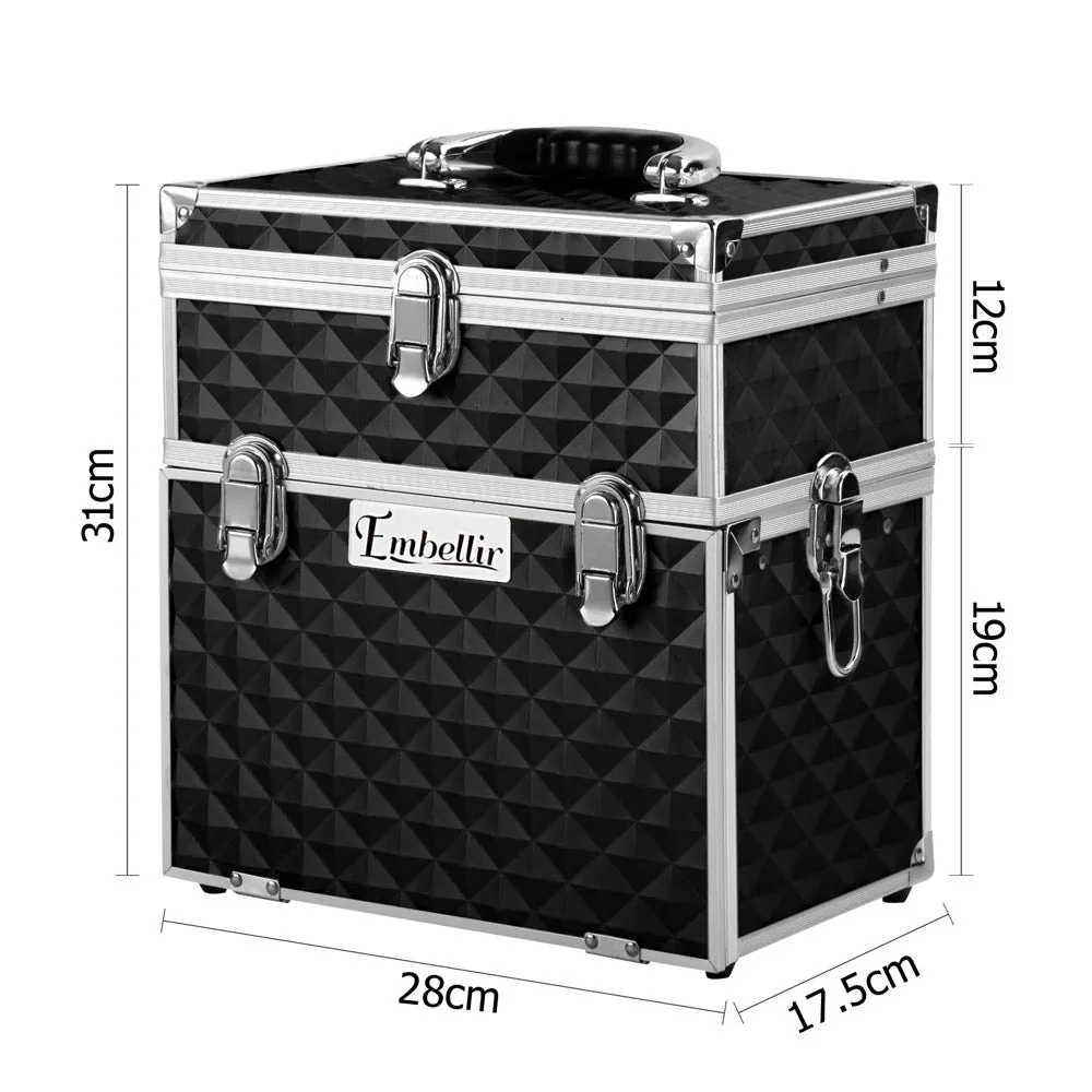 Portable Cosmetic Beauty Makeup Carry Case with Mirror - Diamond Black